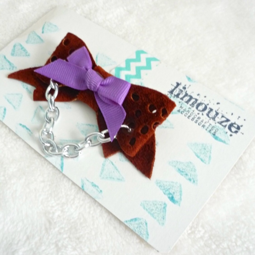 Punched Leather + Pretty Purple Bow Brooch Metal Chain OOAK Handmade by Limouze
